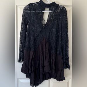 Free People Black Lace Boho Mini Dress XS Sheer Romantic Goth Cottagecore